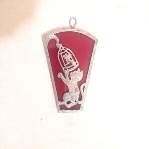 Red Stained Glass Cat and Caged Canary Hanging Ornament Vintage